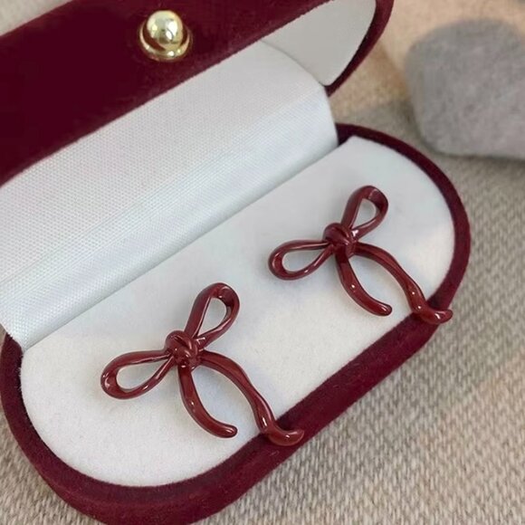 Burgundy Bowknot Stud Earrings - Picture 1 of 4